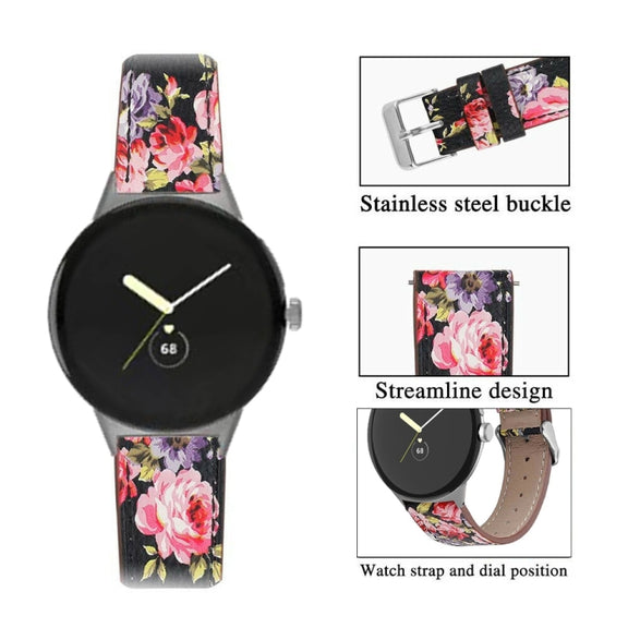 For Google Pixel Watch 3 45mm Round Tail Genuine Leather Watch Band(Black Pink Flower)