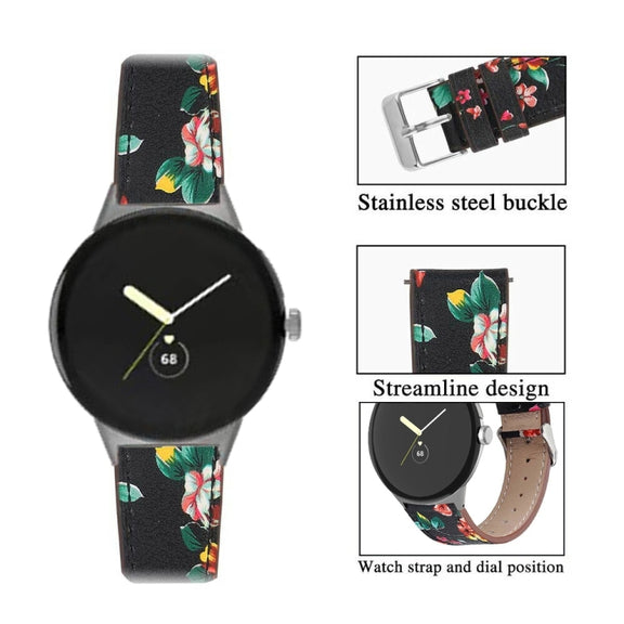 For Google Pixel Watch 3 45mm Round Tail Genuine Leather Watch Band(Black Red Flower)