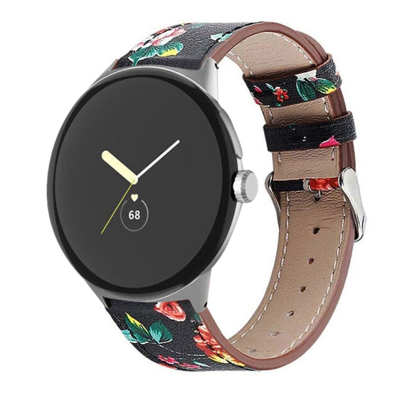 For Google Pixel Watch 3 45mm Round Tail Genuine Leather Watch Band(Black Red Flower)