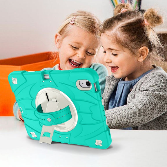 For iPad Air 11 2024 / 10.9 2022 Bat Hand Grip Turntable Stand Tablet Case(Mint Green White)