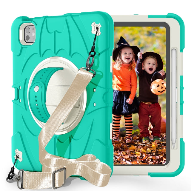 For iPad Pro 11 2024 Bat Hand Grip Turntable Stand Tablet Case(Mint Green White)
