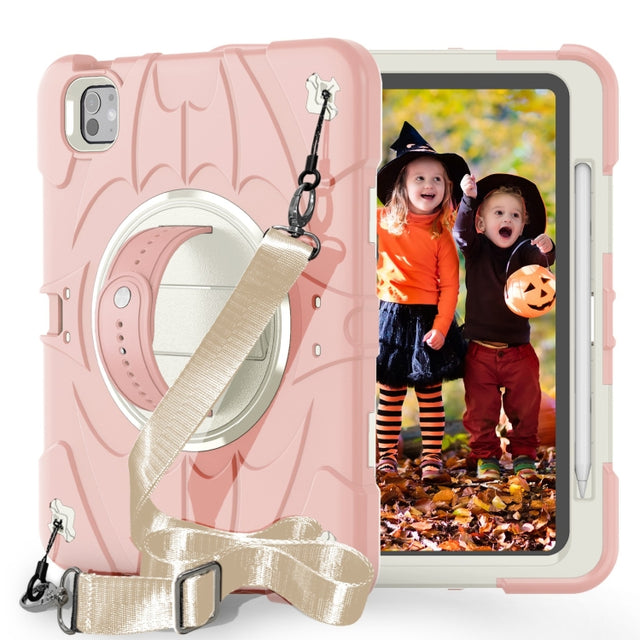 For iPad Pro 11 2024 Bat Hand Grip Turntable Stand Tablet Case(Pink White)