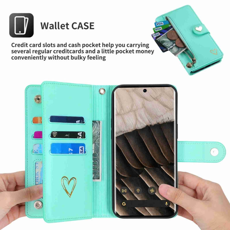 For Google Pixel 7 Pro POLA Love Multi-Card Slots Zipper Wallet Leather Phone Case(Light Green)
