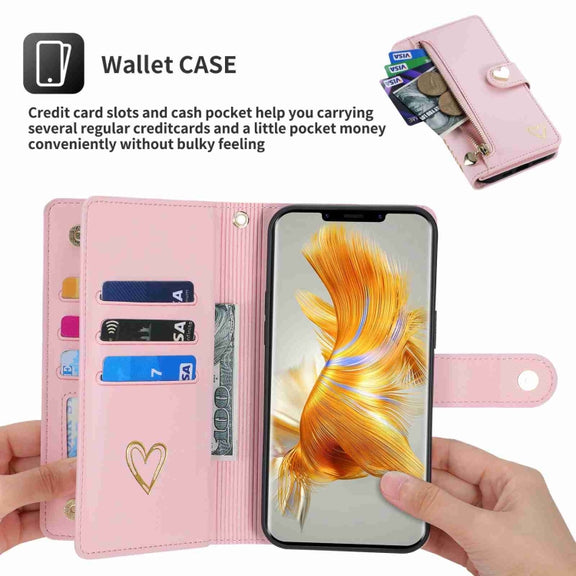 For Huawei Mate 50 Pro POLA Love Multi-Card Slots Zipper Wallet Leather Phone Case(Pink)