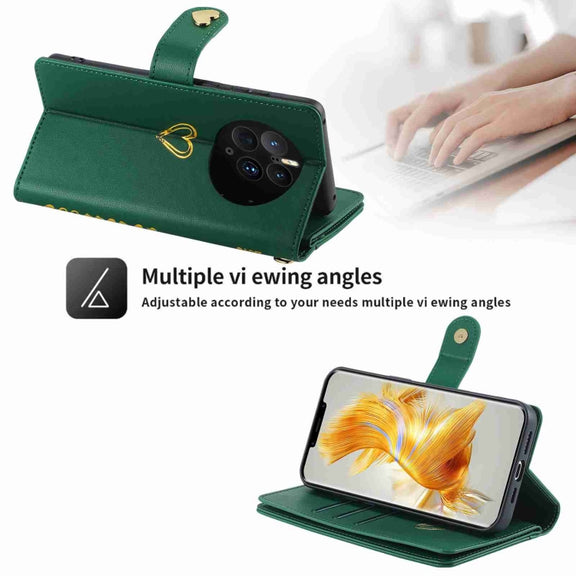 For Huawei Mate 50 Pro POLA Love Multi-Card Slots Zipper Wallet Leather Phone Case(Dark Green)