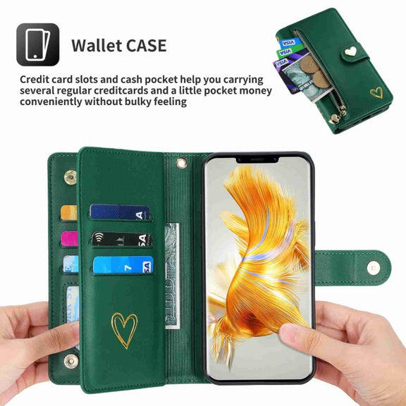 For Huawei Mate 50 Pro POLA Love Multi-Card Slots Zipper Wallet Leather Phone Case(Dark Green)