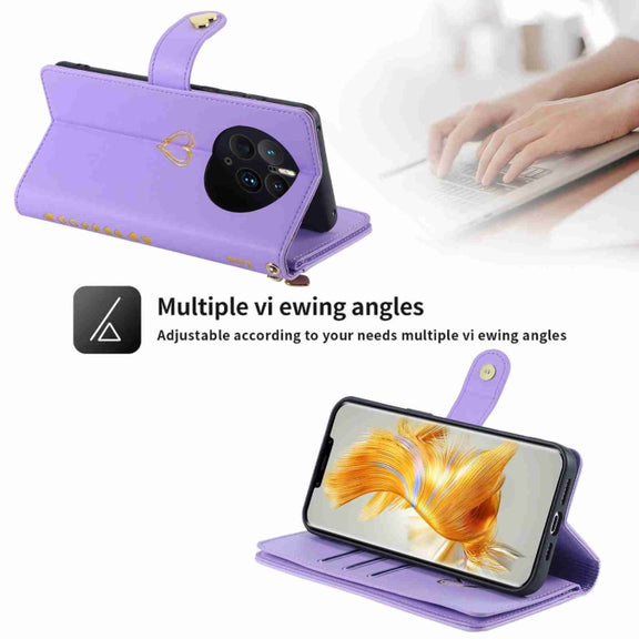 For Huawei Mate 50 Pro POLA Love Multi-Card Slots Zipper Wallet Leather Phone Case(Purple)