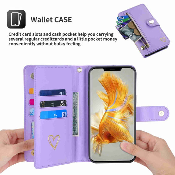 For Huawei Mate 50 Pro POLA Love Multi-Card Slots Zipper Wallet Leather Phone Case(Purple)