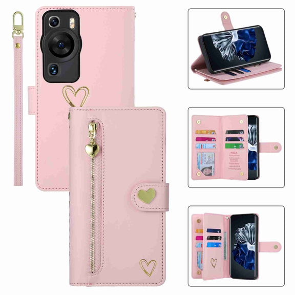 For Huawei P60 Pro POLA Love Multi-Card Slots Zipper Wallet Leather Phone Case(Pink)