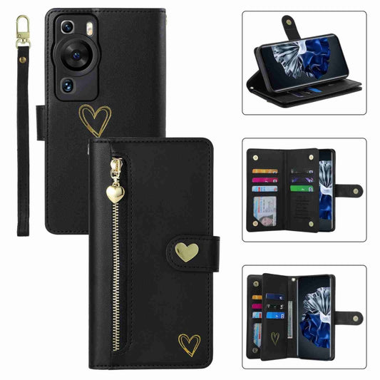 For Huawei P60 Pro POLA Love Multi-Card Slots Zipper Wallet Leather Phone Case(Black) - Huawei Cases by POLA | Online Shopping South Africa | PMC Jewellery | Buy Now Pay Later Mobicred