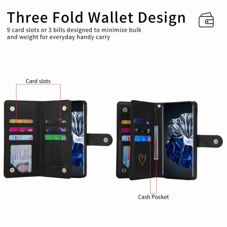 For Huawei P60 Pro POLA Love Multi-Card Slots Zipper Wallet Leather Phone Case(Black)