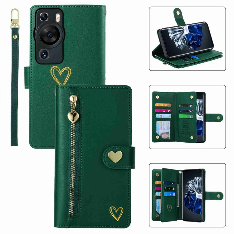 For Huawei P60 Pro POLA Love Multi-Card Slots Zipper Wallet Leather Phone Case(Dark Green) - free shipping - PMC TechLife - Order now!