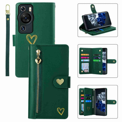 For Huawei P60 Pro POLA Love Multi-Card Slots Zipper Wallet Leather Phone Case(Dark Green) - free shipping - PMC Jewellery - Order now!
