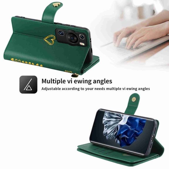 For Huawei P60 Pro POLA Love Multi-Card Slots Zipper Wallet Leather Phone Case(Dark Green)
