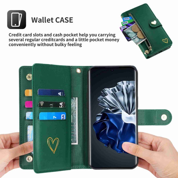 For Huawei P60 Pro POLA Love Multi-Card Slots Zipper Wallet Leather Phone Case(Dark Green)