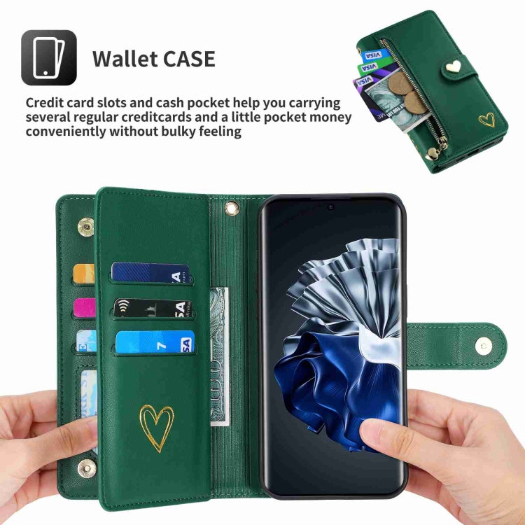 For Huawei P60 Pro POLA Love Multi-Card Slots Zipper Wallet Leather Phone Case(Dark Green)