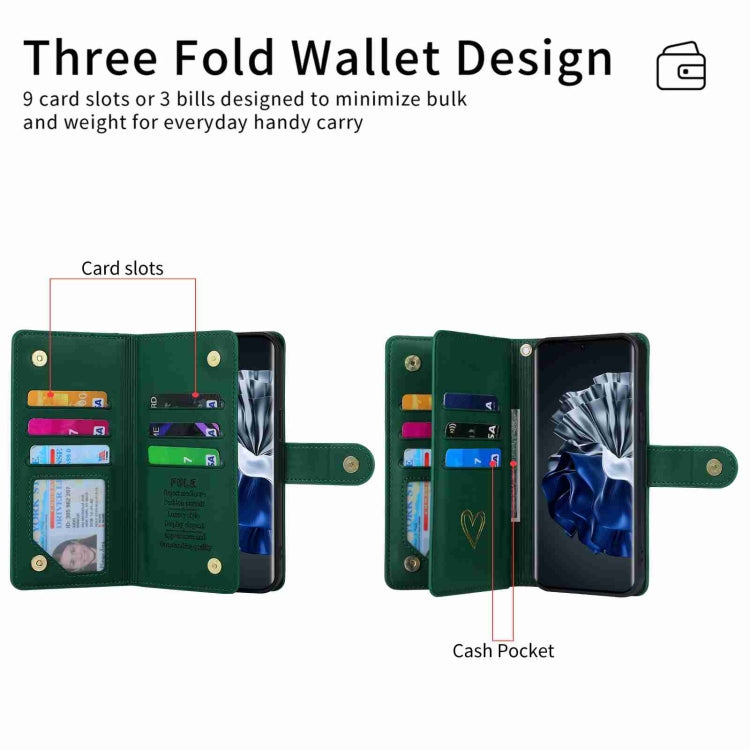 For Huawei P60 Pro POLA Love Multi-Card Slots Zipper Wallet Leather Phone Case(Dark Green) - free shipping - PMC Jewellery - Order now!