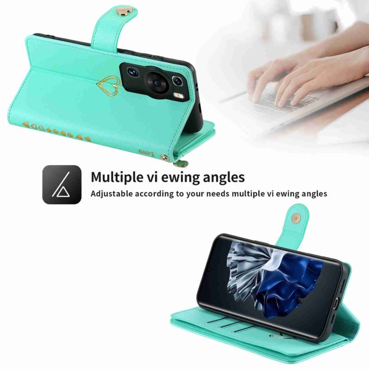 For Huawei P60 Pro POLA Love Multi-Card Slots Zipper Wallet Leather Phone Case(Light Green)