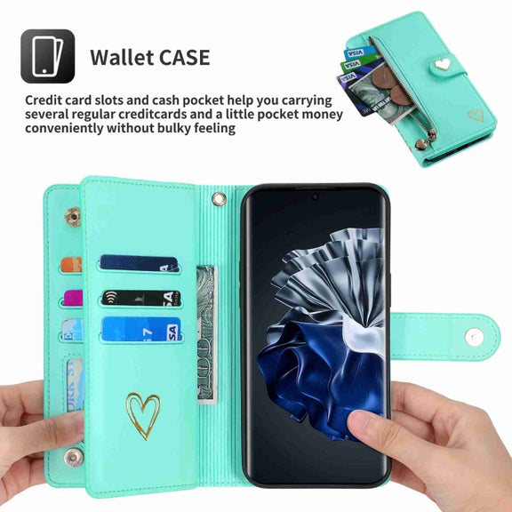 For Huawei P60 Pro POLA Love Multi-Card Slots Zipper Wallet Leather Phone Case(Light Green)