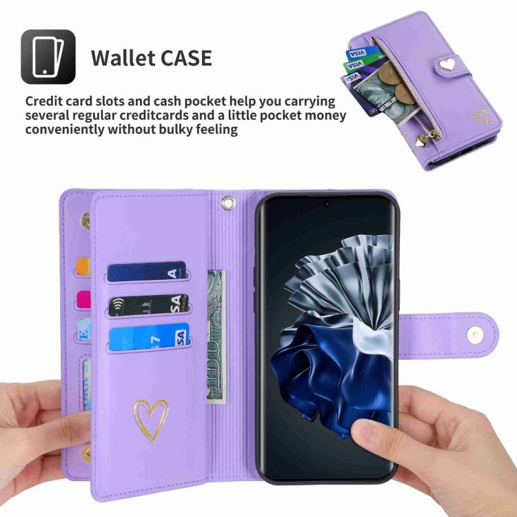For Huawei P60 Pro POLA Love Multi-Card Slots Zipper Wallet Leather Phone Case(Purple)