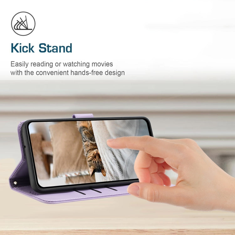 For iPhone 16e Embossed Kitten Phone Leather Case with Lanyard(Purple) - iPhone 16e Cases by PMC TechLife | Online Shopping South Africa | PMC TechLife | Buy Now Pay Later Mobicred