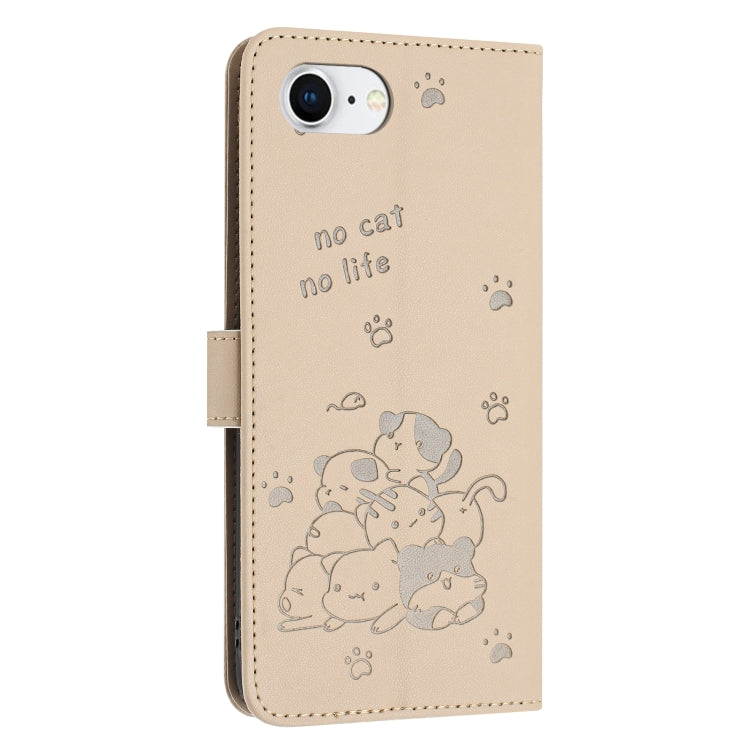 For iPhone 16e Embossed Kitten Phone Leather Case with Lanyard(Beige) - iPhone 16e Cases by PMC TechLife | Online Shopping South Africa | PMC TechLife | Buy Now Pay Later Mobicred