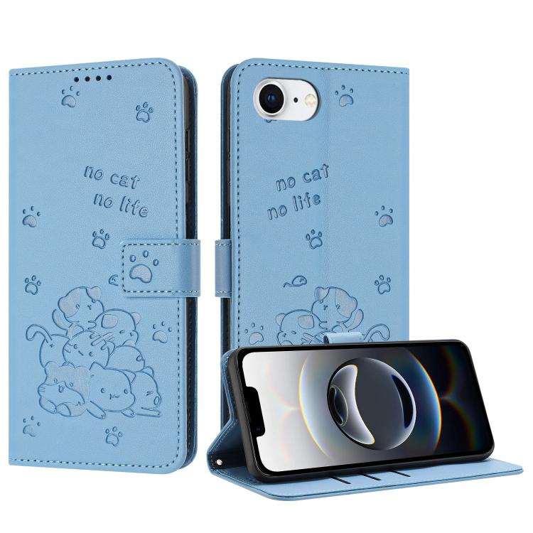 For iPhone 16e Embossed Kitten Phone Leather Case with Lanyard(Blue) - iPhone 16e Cases by PMC TechLife | Online Shopping South Africa | PMC TechLife | Buy Now Pay Later Mobicred