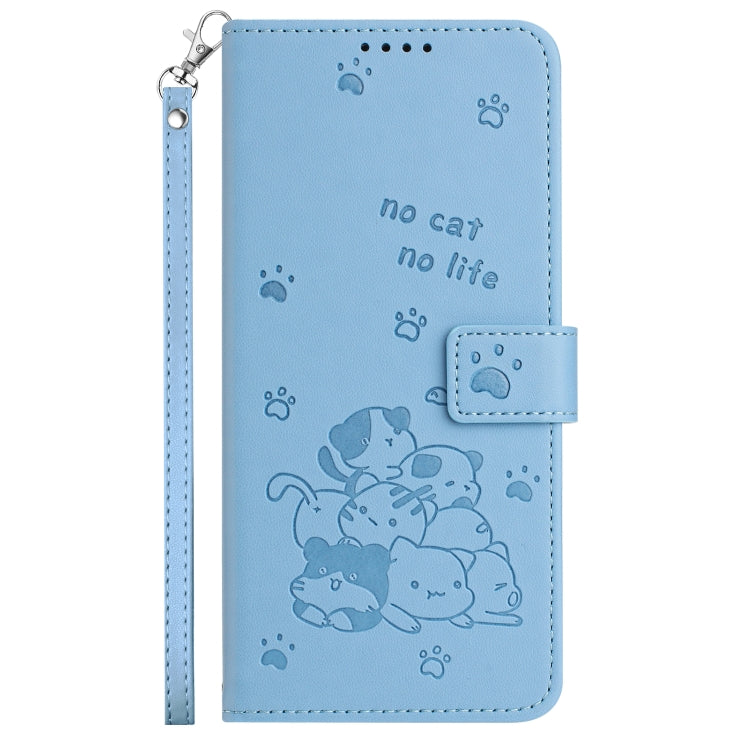 For iPhone 16e Embossed Kitten Phone Leather Case with Lanyard(Blue) - iPhone 16e Cases by PMC TechLife | Online Shopping South Africa | PMC TechLife | Buy Now Pay Later Mobicred