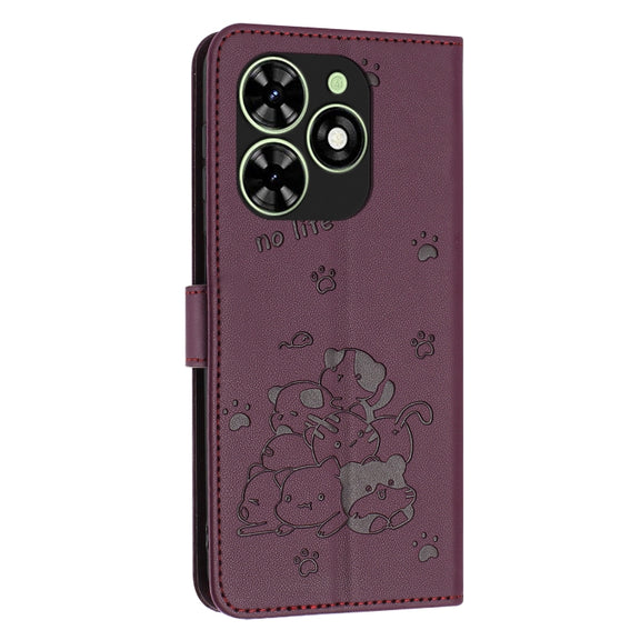 For Tecno Spark Go 2024 4G Embossed Kitten Phone Leather Case with Lanyard(Wine Red)