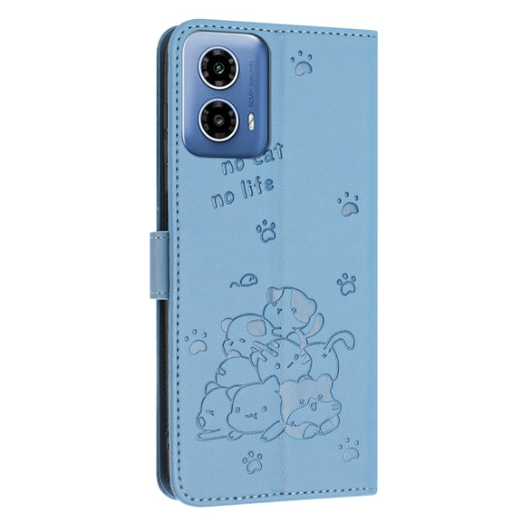 For Motorola Edge 2024 5G Embossed Kitten Phone Leather Case with Lanyard(Blue)