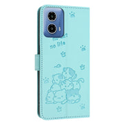 For Motorola Edge 2024 5G Embossed Kitten Phone Leather Case with Lanyard(Mint Green)