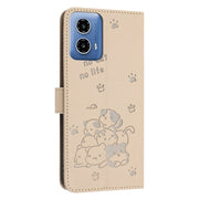For Motorola Moto G 5G 2024 Embossed Kitten Phone Leather Case with Lanyard(Beige)