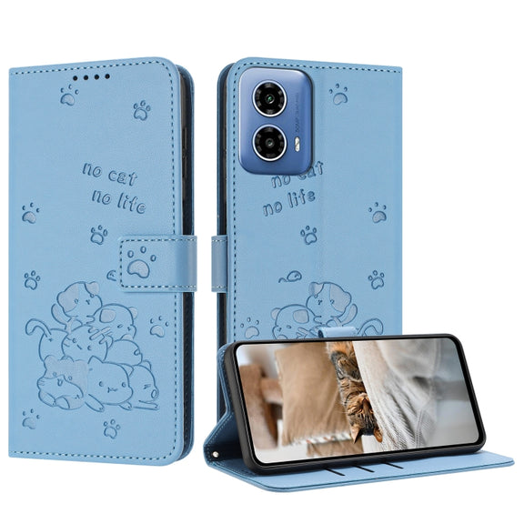 For Motorola Moto G 5G 2024 Embossed Kitten Phone Leather Case with Lanyard(Blue)