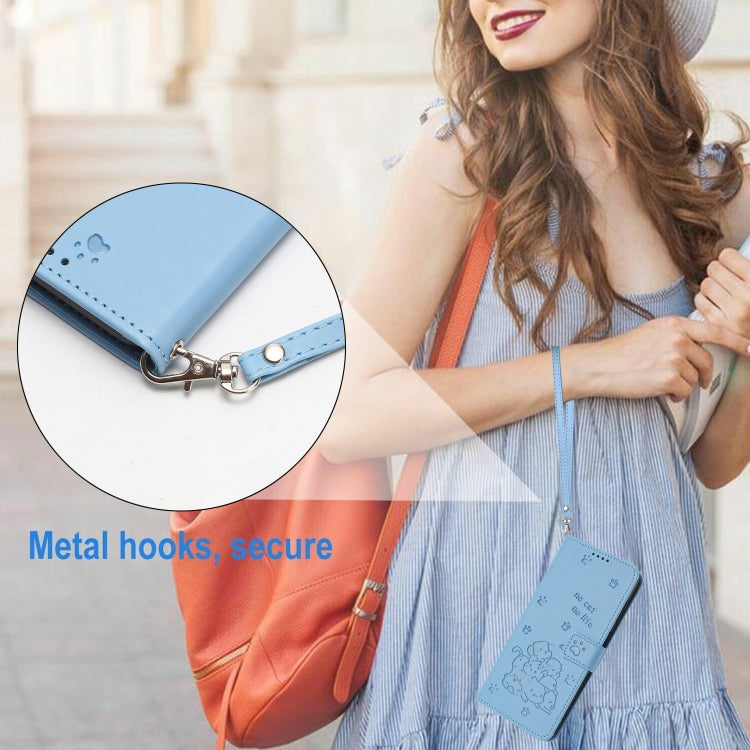 For Motorola Moto G 5G 2024 Embossed Kitten Phone Leather Case with Lanyard(Blue)