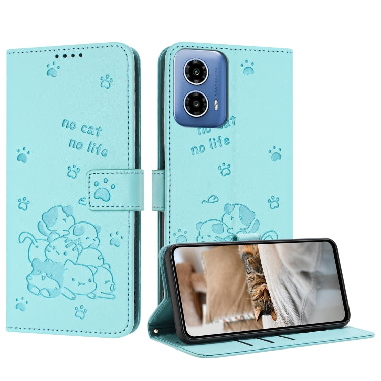 For Motorola Moto G 5G 2024 Embossed Kitten Phone Leather Case with Lanyard(Mint Green) - Motorola Cases by PMC Jewellery | Online Shopping South Africa | PMC Jewellery | Buy Now Pay Later Mobicred