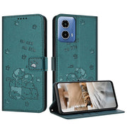 For Motorola Moto G 5G 2024 Embossed Kitten Phone Leather Case with Lanyard(Dark Green)