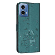 For Motorola Moto G 5G 2024 Embossed Kitten Phone Leather Case with Lanyard(Dark Green)