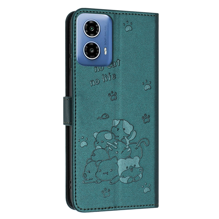 For Motorola Moto G 5G 2024 Embossed Kitten Phone Leather Case with Lanyard(Dark Green)