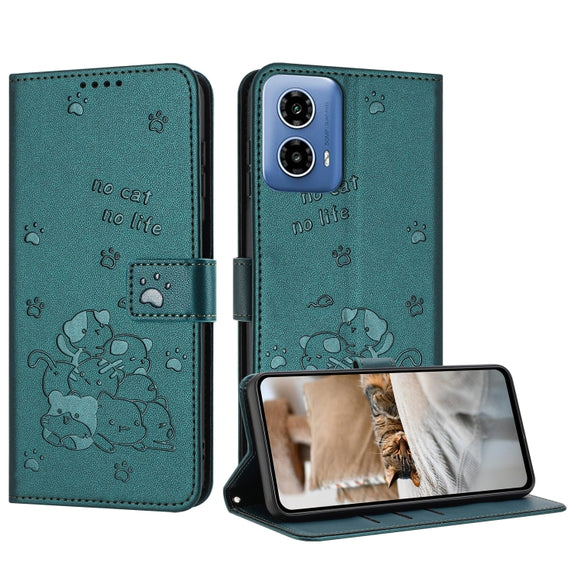 For Motorola Moto G 5G 2024 Embossed Kitten Phone Leather Case with Lanyard(Dark Green)