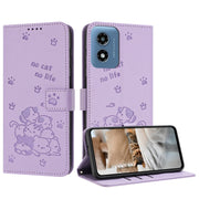 For Motorola Moto G Play 4G 2024 Embossed Kitten Phone Leather Case with Lanyard(Purple)