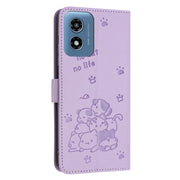 For Motorola Moto G Play 4G 2024 Embossed Kitten Phone Leather Case with Lanyard(Purple)