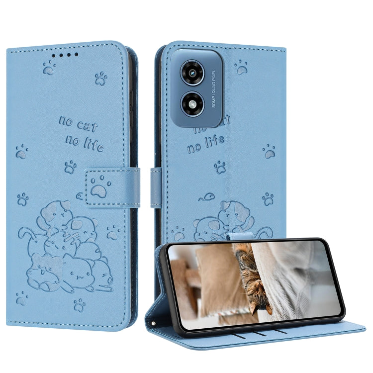 For Motorola Moto G Play 4G 2024 Embossed Kitten Phone Leather Case with Lanyard(Blue) - Motorola Cases by PMC Jewellery | Online Shopping South Africa | PMC Jewellery | Buy Now Pay Later Mobicred