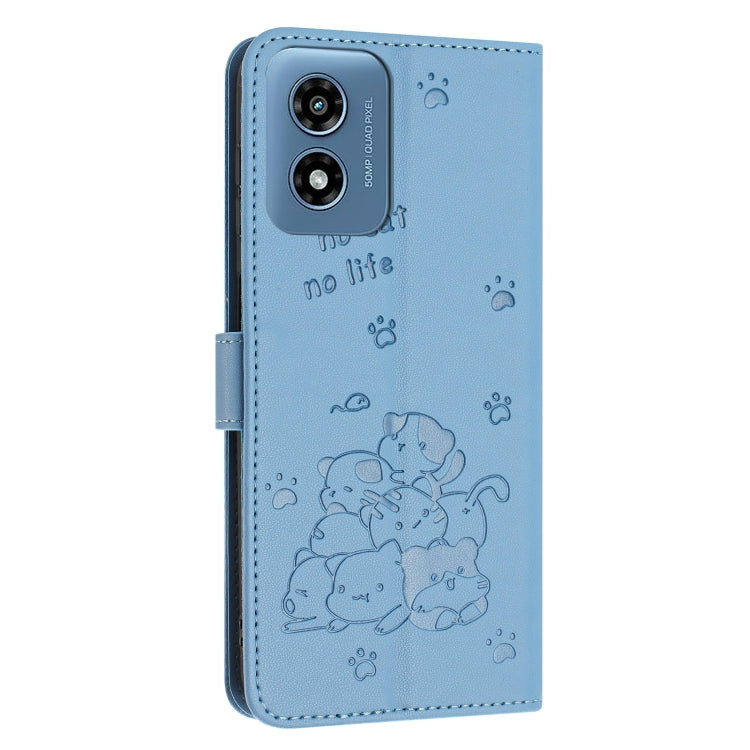 For Motorola Moto G Play 4G 2024 Embossed Kitten Phone Leather Case with Lanyard(Blue) - Motorola Cases by PMC Jewellery | Online Shopping South Africa | PMC Jewellery | Buy Now Pay Later Mobicred