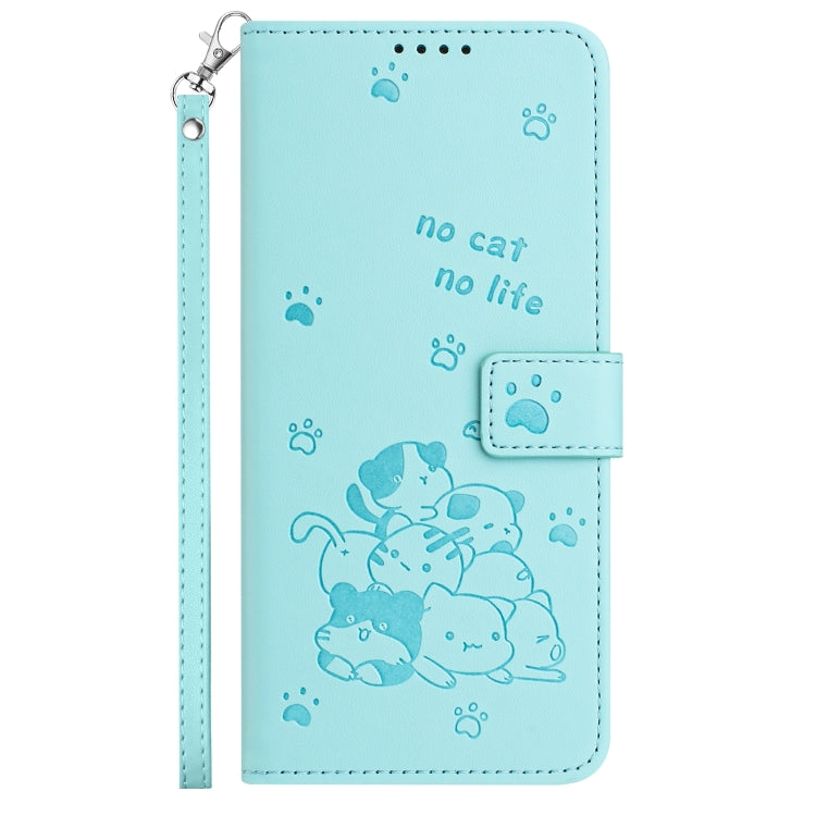 For Motorola Moto G Play 4G 2024 Embossed Kitten Phone Leather Case with Lanyard(Mint Green)