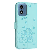 For Motorola Moto G Play 4G 2024 Embossed Kitten Phone Leather Case with Lanyard(Mint Green)