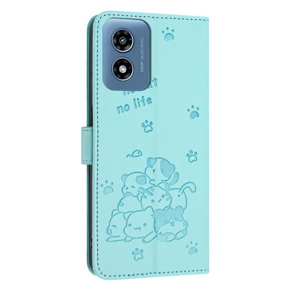 For Motorola Moto G Play 4G 2024 Embossed Kitten Phone Leather Case with Lanyard(Mint Green)