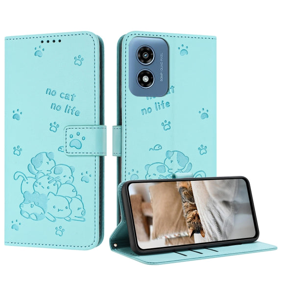 For Motorola Moto G Play 4G 2024 Embossed Kitten Phone Leather Case with Lanyard(Mint Green)