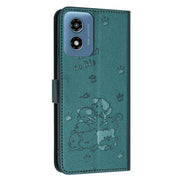 For Motorola Moto G Play 4G 2024 Embossed Kitten Phone Leather Case with Lanyard(Dark Green)