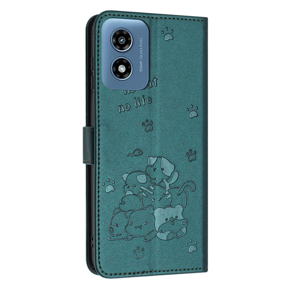 For Motorola Moto G Play 4G 2024 Embossed Kitten Phone Leather Case with Lanyard(Dark Green)