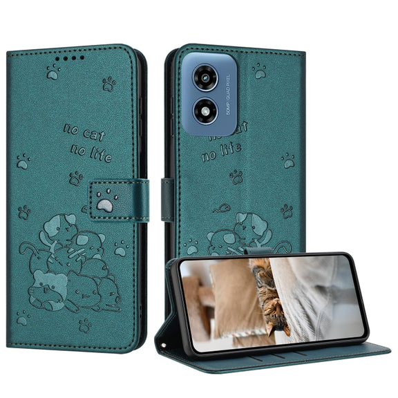 For Motorola Moto G Play 4G 2024 Embossed Kitten Phone Leather Case with Lanyard(Dark Green)